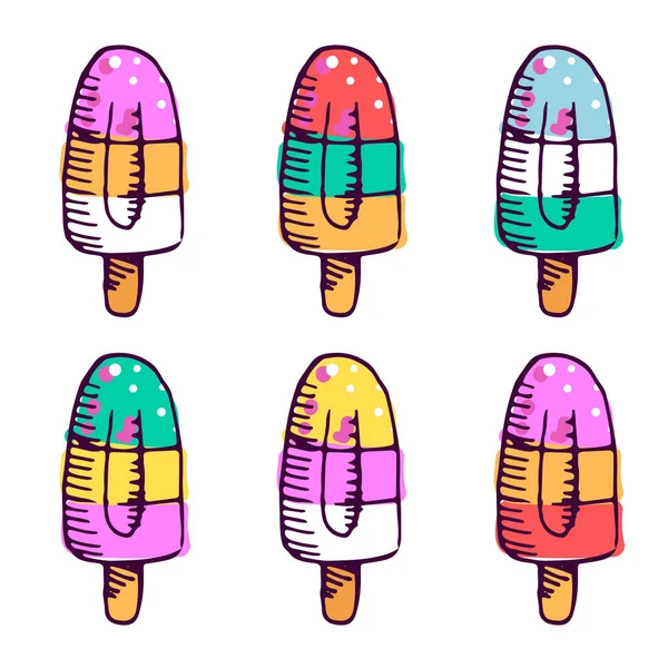 Ice cream on stick hand drawn illustrations set — Stock Vector