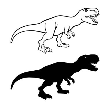 Tyrannosaurus rex anahat ve siluet çizimler seti
