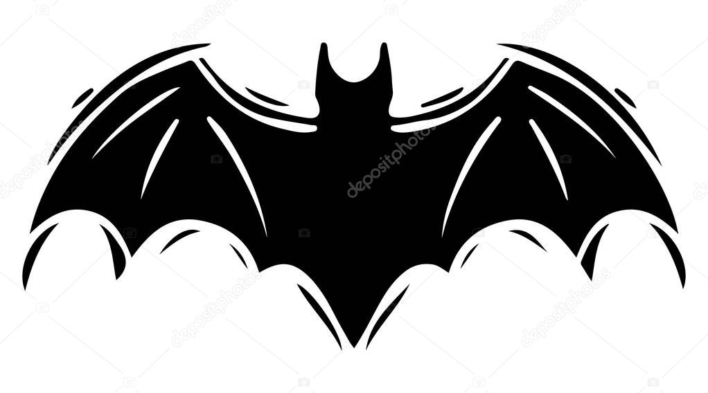 Bat with spread wings hand drawn silhouette illustration. Spooky flying flittermouse, creepy nocturnal creature monochrome grunge drawing. Halloween holiday, vampires superstition monocolor symbol