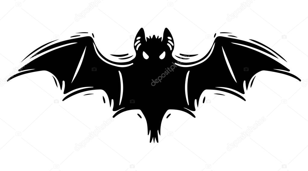 Bat with spread wings hand drawn silhouette illustration. Spooky flying flittermouse, creepy nocturnal creature monochrome grunge drawing. Halloween holiday, vampires superstition monocolor symbol