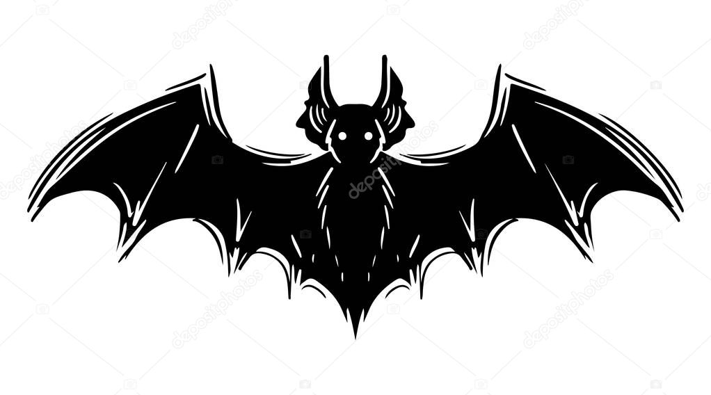 Bat with spread wings hand drawn silhouette illustration. Spooky flying flittermouse, creepy nocturnal creature monochrome grunge drawing. Halloween holiday, vampires superstition monocolor symbol