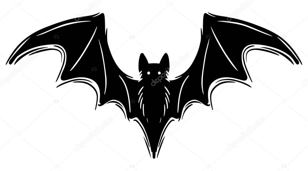 Bat with spread wings hand drawn silhouette illustration. Spooky flying flittermouse, creepy nocturnal creature monochrome grunge drawing. Halloween holiday, vampires superstition monocolor symbol