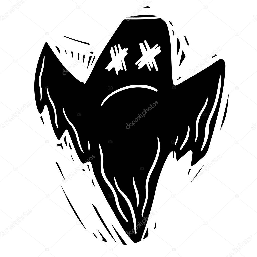 Creepy ghost hand drawn black silhouette illustration. Scary phantom, frightening poltergeist monochrome grunge drawing. Halloween horror, october holiday symbol. Flying spirit, fantasy monster