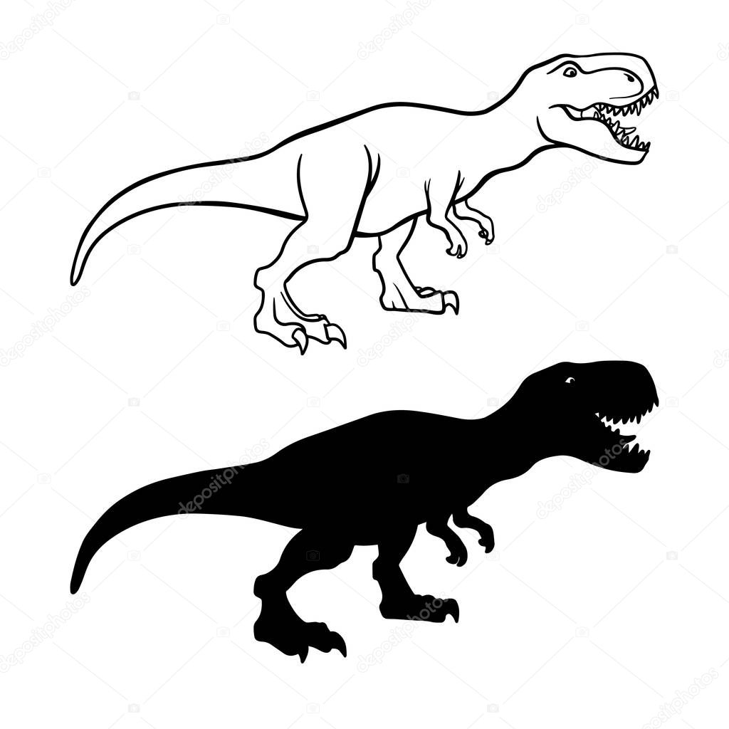 Tyrannosaurus rex outline and silhouette illustrations set. Dangerous dinosaur, extinct animal ink pen drawings. Jurassic period, paleontology logo. Prehistoric wildlife line art design element