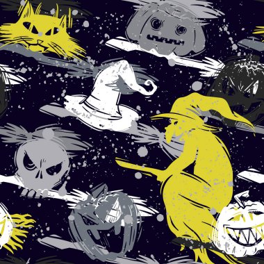 Kızlar, erkekler ve giysiler için soyut, dikişsiz cadılar bayramı deseni. Ürkütücü bir geçmişi var. Tekstil ve kumaş için komik duvar kağıtları. Moda tarzı. Renkli parlak