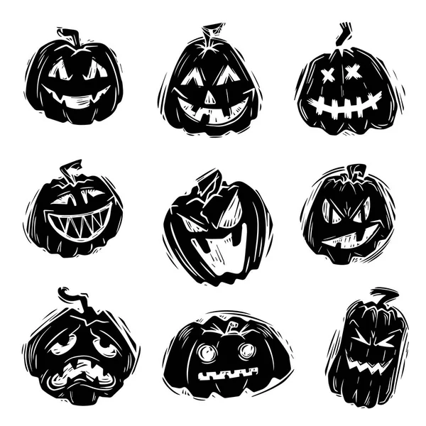 Calabazas de Halloween sonrientes silueta monocroma ilustraciones conjunto — Vector de stock