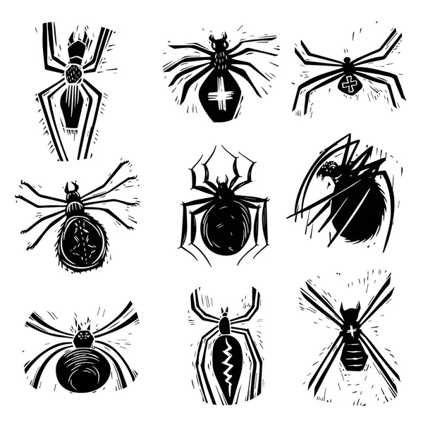 Gruselige Spinnen handgezeichnete Silhouette Illustrationen Set — Stockvektor