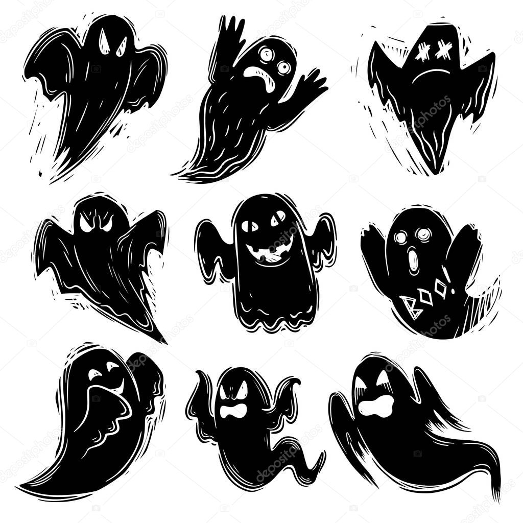 Creepy ghost hand drawn black silhouette illustration. Scary phantom, frightening poltergeist monochrome grunge drawing. Halloween horror, october holiday symbol. Flying spirit, fantasy monster
