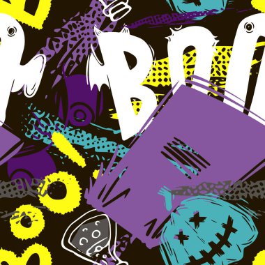 Kızlar, erkekler ve giysiler için soyut, dikişsiz cadılar bayramı deseni. Ürkütücü bir geçmişi var. Tekstil ve kumaş için komik duvar kağıtları. Moda tarzı. Renkli parlak