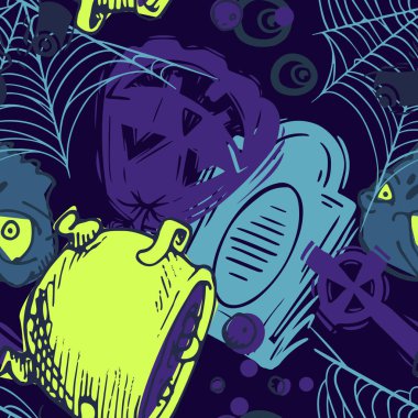 Kızlar, erkekler ve giysiler için soyut, dikişsiz cadılar bayramı deseni. Ürkütücü bir geçmişi var. Tekstil ve kumaş için komik duvar kağıtları. Moda tarzı. Renkli parlak