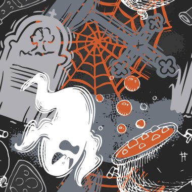 Kızlar, erkekler ve giysiler için soyut, dikişsiz cadılar bayramı deseni. Ürkütücü bir geçmişi var. Tekstil ve kumaş için komik duvar kağıtları. Moda tarzı. Renkli parlak