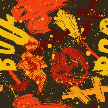 Kızlar, erkekler ve giysiler için soyut, dikişsiz cadılar bayramı deseni. Ürkütücü bir geçmişi var. Tekstil ve kumaş için komik duvar kağıtları. Moda tarzı. Renkli parlak