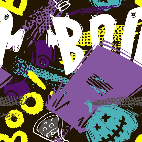 Kızlar, erkekler ve giysiler için soyut, dikişsiz cadılar bayramı deseni. Ürkütücü bir geçmişi var. Tekstil ve kumaş için komik duvar kağıtları. Moda tarzı. Renkli parlak