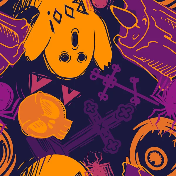 Kızlar, erkekler ve giysiler için soyut, dikişsiz cadılar bayramı deseni. Ürkütücü bir geçmişi var. Tekstil ve kumaş için komik duvar kağıtları. Moda tarzı. Renkli parlak
