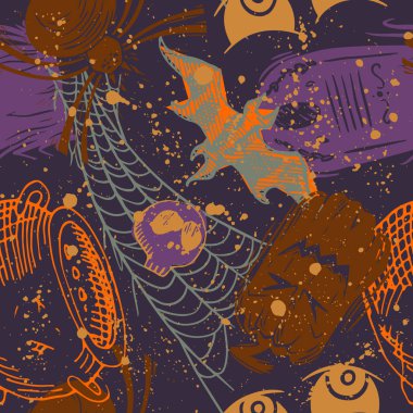 Kızlar, erkekler ve giysiler için soyut, dikişsiz cadılar bayramı deseni. Ürkütücü bir geçmişi var. Tekstil ve kumaş için komik duvar kağıtları. Moda tarzı. Renkli parlak