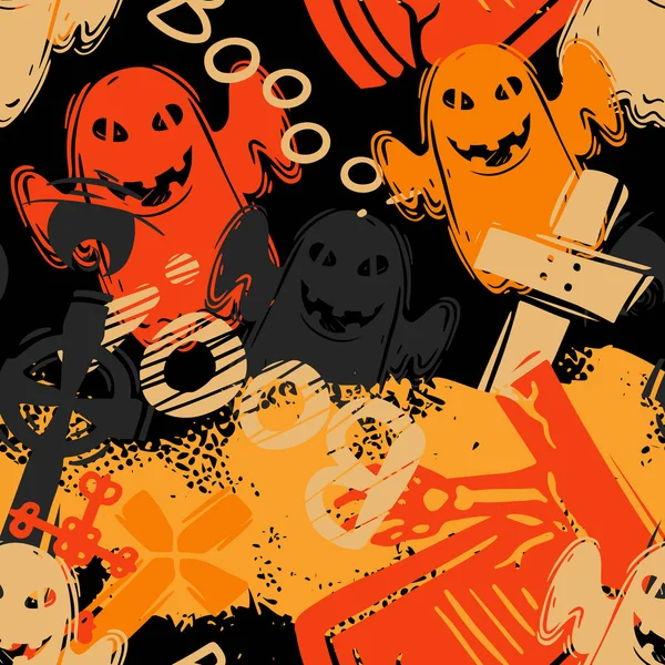 Abstraktní bezešvé halloween vzor pro dívky, chlapce, oblečení. Tvůrčí pozadí s hrůzou. Vtipné tapety na textil a tkaniny. Módní styl. Barevný jasný — Stockový vektor