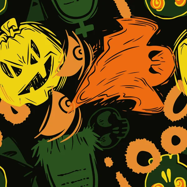 Abstrakte nahtlose Halloween-Muster für Mädchen, Jungen, Kleidung. Kreativer Hintergrund mit beängstigenden Folgen. lustige Tapete für Textil und Stoff. Mode-Stil. Bunt leuchtend — Stockvektor