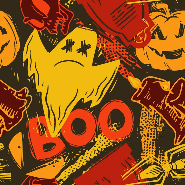 Abstrakte nahtlose Halloween-Muster für Mädchen, Jungen, Kleidung. Kreativer Hintergrund mit beängstigenden Folgen. lustige Tapete für Textil und Stoff. Mode-Stil. Bunt leuchtend — Stockvektor