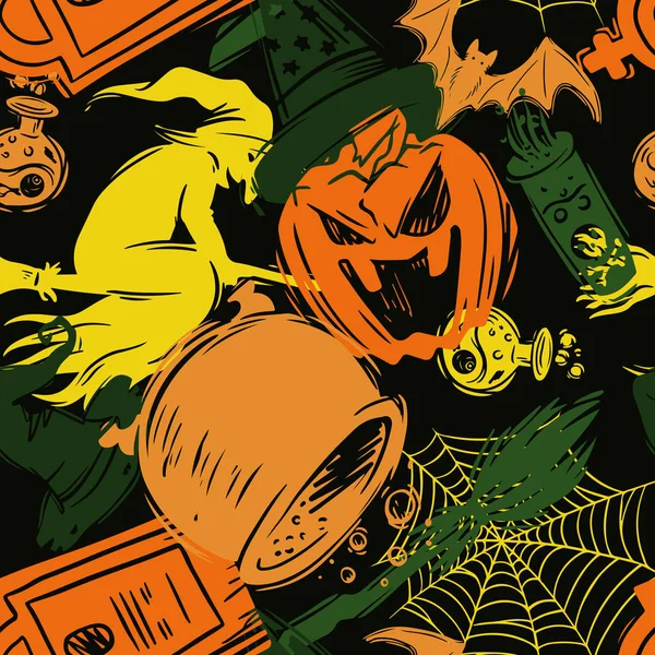 Abstrak seamless halloween pola untuk anak perempuan, anak laki-laki, pakaian. Latar belakang kreatif dengan menakutkan. Wallpaper lucu untuk tekstil dan kain. Gaya fashion. Berwarna cerah - Stok Vektor