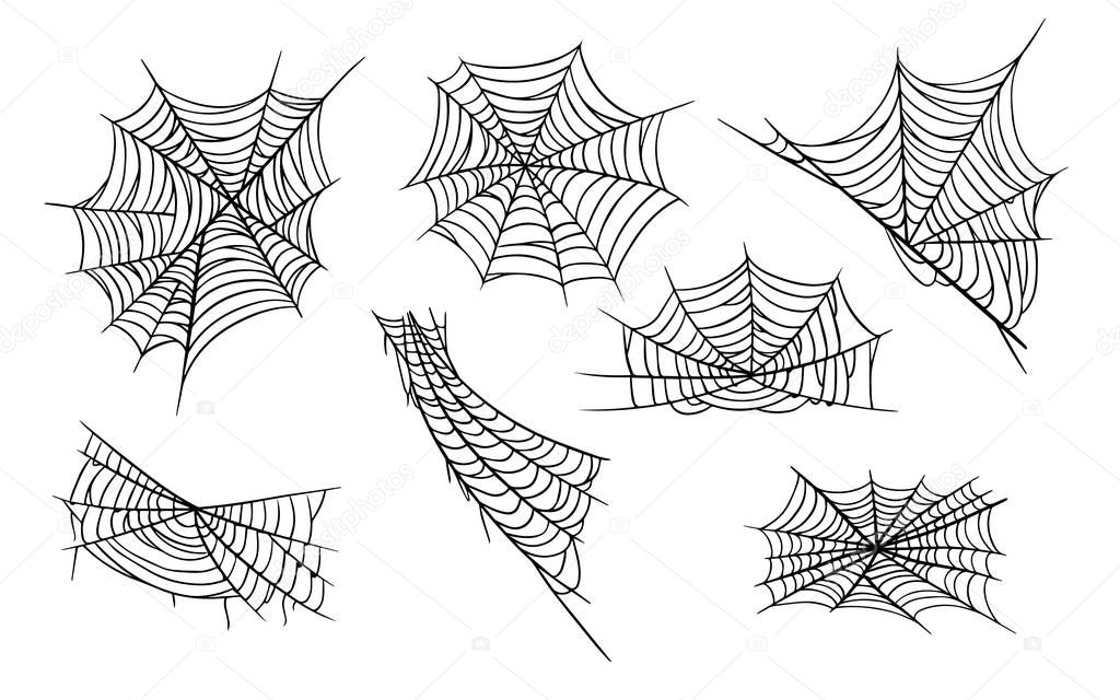 Spider web hand drawn monochrome illustrations set