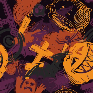 Kızlar, erkekler ve giysiler için soyut, dikişsiz cadılar bayramı deseni. Ürkütücü bir geçmişi var. Tekstil ve kumaş için komik duvar kağıtları. Moda tarzı. Renkli parlak