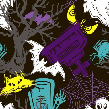 Kızlar, erkekler ve giysiler için soyut, dikişsiz cadılar bayramı deseni. Ürkütücü bir geçmişi var. Tekstil ve kumaş için komik duvar kağıtları. Moda tarzı. Renkli parlak