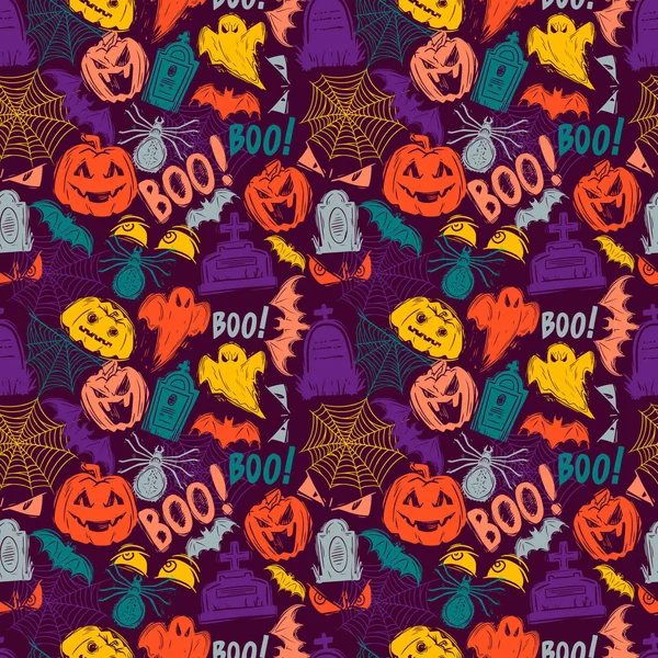 Halloween holiday chaotic hand drawn seamless pattern — Stock Vector