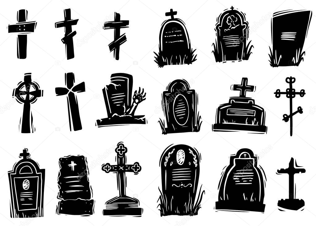 Scary gravestones hand drawn silhouette illustrations set. Halloween holiday, zombie horror monochrome symbols pack. Various burials with tombstones and christian crosses. Creepy graveyard, cemetery