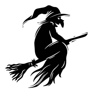 Kara beyaz süpürge üzerinde uçan bir cadı.