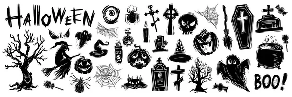 Halloween celebração preto e branco ilustrações conjunto — Vetor de Stock