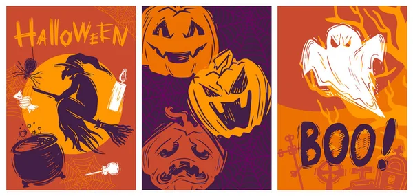 Halloween spookachtige posters met de hand getrokken sjablonen set — Stockvector