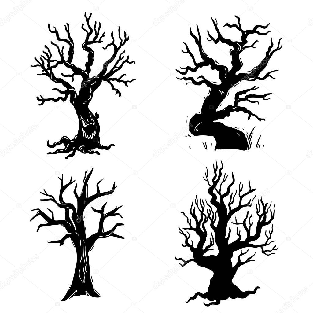 Dry trees black and white hand drawn illustrations set
