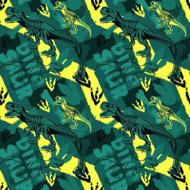 Kızlar, erkekler, kıyafetler için soyut dikişsiz vektör deseni. Jurassic dönemi ile Yaratıcı arka plan, tekstil ve kumaş için dinozor yaratıcı Komik duvar kağıdı. Moda tarzı. Renkli parlak