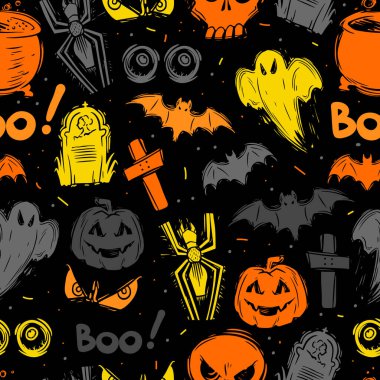 Kızlar, erkekler ve giysiler için soyut, dikişsiz cadılar bayramı deseni. Yaratıcı bir altyapısı, korkutucu figürleri tekstil ve kumaş için komik duvar kağıtları. Moda tarzı. Renkli parlak