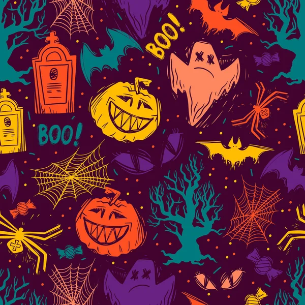 Patrón de Halloween sin costuras abstracto para niñas, niños, ropa. Fondo creativo con puntos, figuras de miedo Fondo de pantalla divertido para textiles y telas. Estilo de moda. Colorido brillante — Vector de stock