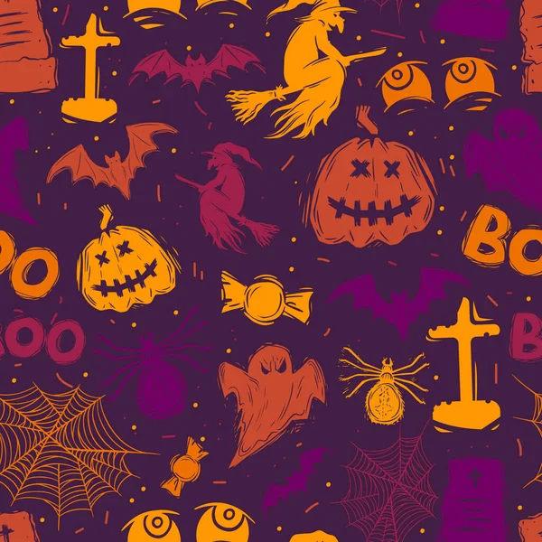 Abstrakte nahtlose Halloween-Muster für Mädchen, Jungen, Kleidung. kreativen Hintergrund mit Punkten, furchterregenden Figuren lustige Tapete für Textil und Stoff. Mode-Stil. Bunt leuchtend — Stockvektor