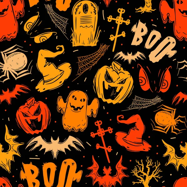 Abstraktní bezešvé halloween vzor pro dívky, chlapce, oblečení. Tvůrčí pozadí s tečkami, děsivé postavy Legrační tapety pro textil a tkaniny. Módní styl. Barevný jasný — Stockový vektor