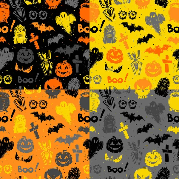 Patrón de Halloween sin costuras abstracto para niñas, niños, ropa. Fondo creativo con puntos, figuras de miedo Fondo de pantalla divertido para textiles y telas. Estilo de moda. Colorido brillante — Vector de stock