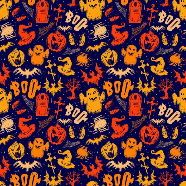 Patrón de Halloween sin costuras abstracto para niñas, niños, ropa. Fondo creativo con puntos, figuras de miedo Fondo de pantalla divertido para textiles y telas. Estilo de moda. Colorido brillante — Archivo Imágenes Vectoriales