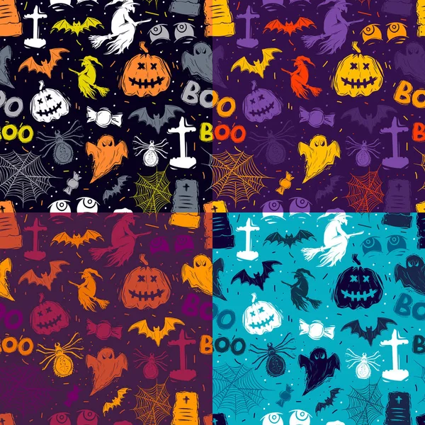 Abstracte naadloze Halloween patroon voor meisjes, jongens, kleding. Creatieve achtergrond met stippen, enge figuren Grappig behang voor textiel en stof. Modestijl. Kleurrijk helder — Stockvector