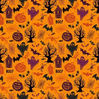 Kızlar, erkekler ve giysiler için soyut, dikişsiz cadılar bayramı deseni. Yaratıcı bir altyapısı, korkutucu figürleri tekstil ve kumaş için komik duvar kağıtları. Moda tarzı. Renkli parlak