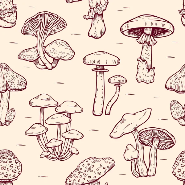 Бесшовный узор лесных видов ядовитых грибов, съедобных и несъедобных болеток в стиле ретро эскиз обоев для текстиля и ткани. Стиль моды. Красочный яркий . — стоковый вектор