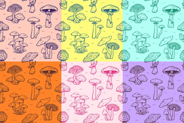 Modèle sans couture des types de forêt de collection de champignons toxiques, bolet comestible et non comestible en papier peint de style croquis rétro pour le textile et le tissu. Style mode. Coloré lumineux. — Image vectorielle