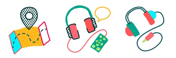 Audioguide und Location Icon Illustration im naiven Stil isoliert auf weiß — Stockvektor