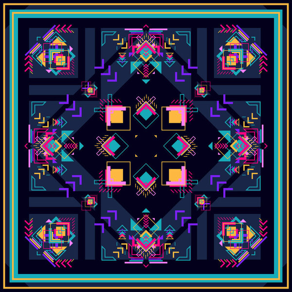 Племенной квадрат Бохо украшение для мальчиков и девочек. Этническая африканская бандана с шевронами и треугольниками. Ацтекский стиль. Современный геометрический ковёр