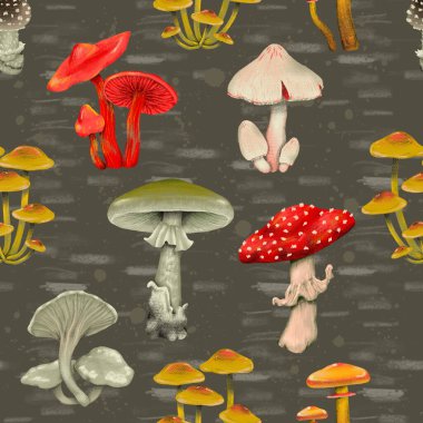 Farklı mantarlarla suluboya kusursuz desen. Sinek dışkısı, mantar, kahverengi boletus, kapak için mükemmel boletus, çocuklar için tekstil, ambalaj