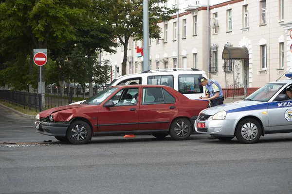 Gomel Białoruś Maja 2018 Wypadek Policjantów Ruchu Drogowego Incydent — Zdjęcie stockowe