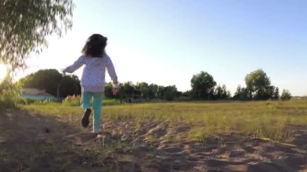 The girl is happily running through the field in the evening. — Stock Video