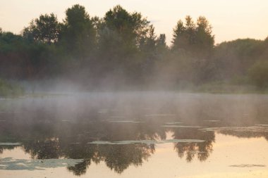 Gomel, Belarus. sis su üzerinde şafakta yayılır.