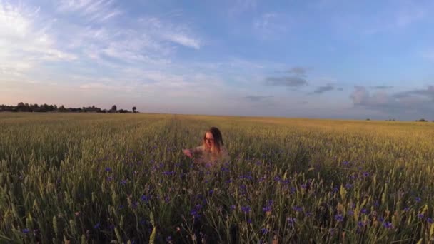 Κορίτσι Λουλούδια Που Περπατάει Χωράφι Σιτηρά — Αρχείο Βίντεο